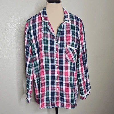 Lanz Of Salzburg Flannel Plaid Button-Up Pajama Lace Trim Shirt Red, Green, Blue - Image 1 of 4