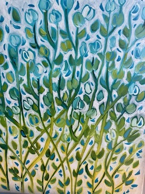 Lienzo de pintura artística original de flores silvestres prado cielo azul folclórico moderno Foto 1 de 4