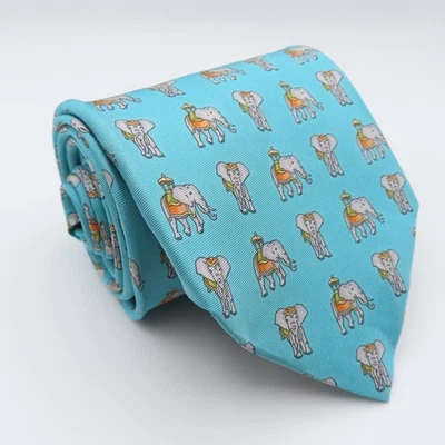 Corbata Leonard Studio Seda Azul Naranja Elefantes 4" Ancho 57" Largo Italia Foto 1 de 4