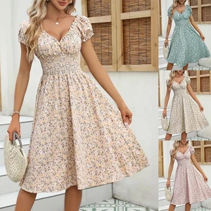 Damen Blumen Puffärmel Strandkleid Reisekleid A-Linie Midikleid Sommerkleid DE - Bild 1 von 12