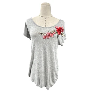 Rue Juju Umstands-T-Shirt grau kurzärmelig Blumenstickerei Raffung Small - Bild 1 von 7