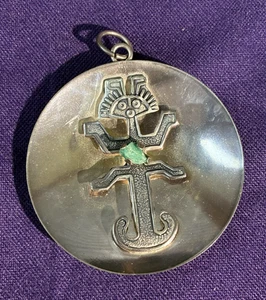 Südamerikanischer runder Anhänger Silber & Smaragd 13,47 Gramm 2" Durchmesser - Bild 1 von 8