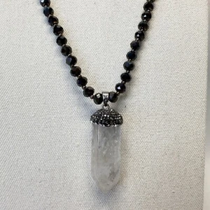 Chunky Quartz Crystal Necklace Faceted Black Glass Beads Long Length Wimsigoth - Picture 1 of 4