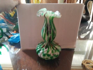 Legras Corneille Glass Vase Ruffled Ribbed Spatter White Green Pink 8 " VTG - Picture 1 of 11