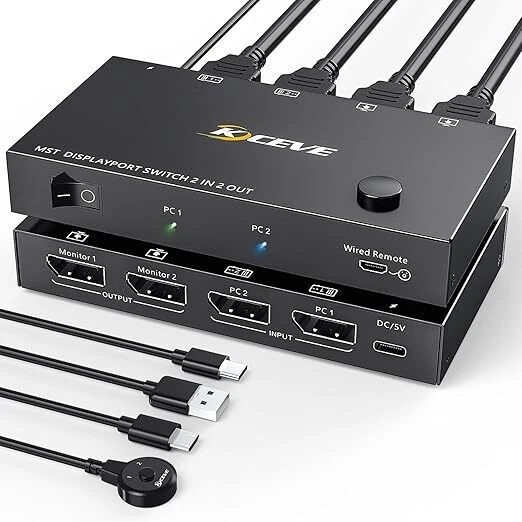 DP Umschalter 2 Eingänge 2 Ausgänge, MST SST DisplayPort Splitter für 2 Computer - Bild 1 von 3