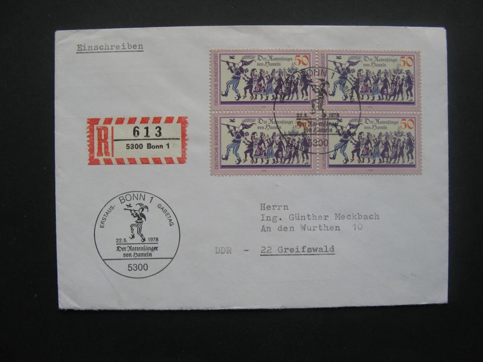 GERMANY BRD, R-cover  FDC 1978, block of 4 the pied piper of Hamelin, music - Image 1 of 1