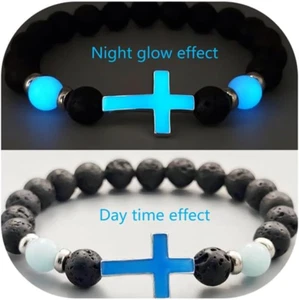 Bracciali in Pietra Vulcanica Naturale 8mm per Uomo,Bracciali Croce Luminosa Guarigione - Foto 1 di 12