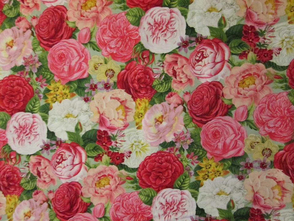 TELA DE ALGODÓN AZUL FLORES ROSA ROJO PARIS ROSAS FQ  Foto 1 de 4