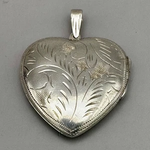 Heart Photo Locket Pendant 925 FAS Sterling Silver Engraved Floral Scroll Design - Picture 1 of 11