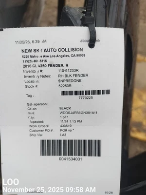 BLK RIGHT FENDER 1178810201 2014-2019 MERCEDES-BENZ CLA250 — 第 1/4 张图片