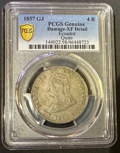 ECUADOR 4 REALES 1857 GJ QUITO KM # 37 PCGS XF DETALLE 1857. - Imagen 1 de 6