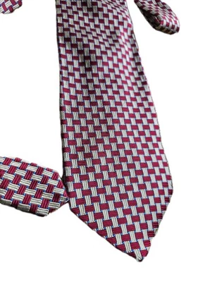 Tom James All Silk Tie Red Tan Blue Geometric Basketweave Handmade USA Necktie  - Image 1 of 4