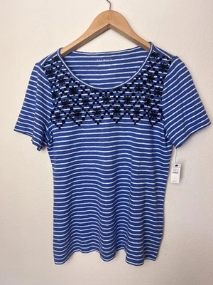 Nuevo con etiquetas Top Talbots Algodón Bordado Manga Corta Talla Grande Azul Blanco Rayas Foto 1 de 4