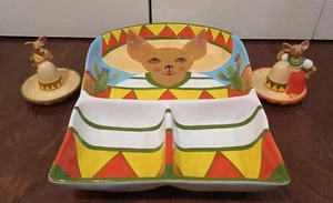 1999 Chihuahuas On Sombreros salt & pepper shakers Clay Art With Tray Very Nice - Picture 1 of 8