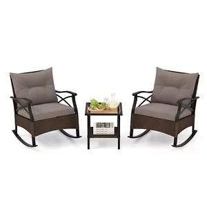 Costway 3 Piece Patio Swivel Rocker Set Wicker Rocking Chairs w/ Back Cushions - Picture 1 of 9