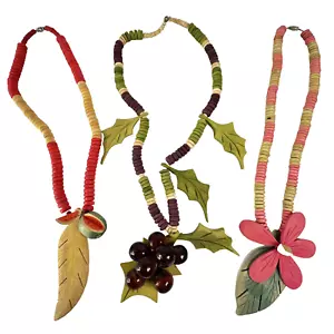 Juego 3 Collares de Madera de Colección con Flores de Frutas Tropicales Uvas Sandía Declaración - Imagen 1 de 11