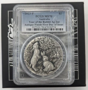 2023 PCGS Australia 2 oz Silver Antiqued UHR Lunar Series 3 Rabbit Coin MS70 OGP - Picture 1 of 4
