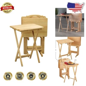 Elegant 5-Piece Beechwood Snack Table Set with Natural Finish & Storage Rack - Picture 1 of 6