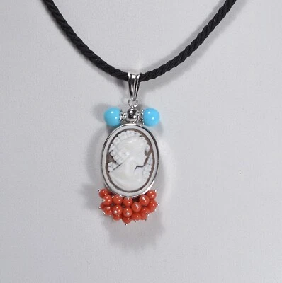 CIONDOLO IN ARGENTO 925 CAMMEO TURCHESE E CORALLO ROSSO PIU LACCIO     AGDV 0213 - Immagine 1 di 3