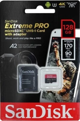 BRAND NEW: 128GB SanDisk Extreme PRO microSDXC 190MB/s 8K Memory Card & Adapter - Image 1 of 4