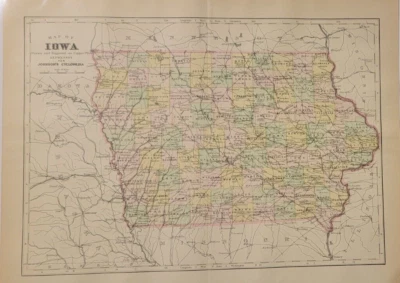 Antigua placa de cobre detallada mapa coloreado a mano Iowa Johnson's Cyclopaedia 1897 Foto 1 de 4