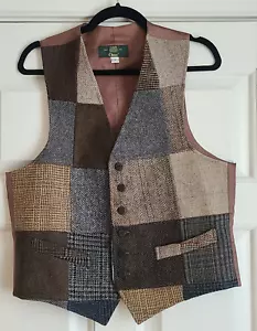 ORVIS Lined Brown Wool Vest Herringbone Patch Pattern Button Up Pockets Size M - Picture 1 of 5