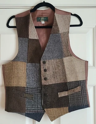 ORVIS Lined Brown Wool Vest Herringbone Patch Pattern Button Up Pockets Size M - Image 1 of 4