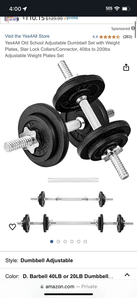 Juego de mancuernas ajustables Yes4All 50 libras par con conector (CADA LADO 25 lb) Foto 1 de 1