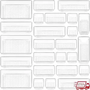 25 PCS Clear Plastic Drawer Organizers Set Bathroom Vanity Drawer Organizer Tray - Picture 1 of 8