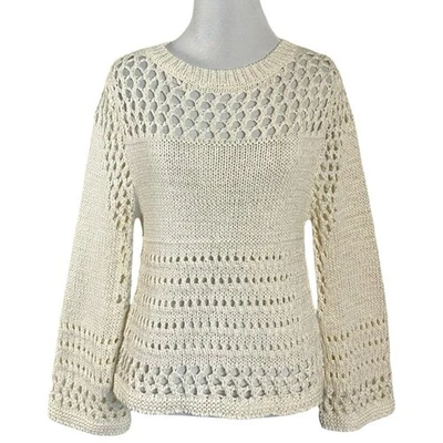 Vintage Bebe Retro 70s Crochet Knit Sweater in Ivory Cream Bell Sleeves Size XS - Image 1 of 4