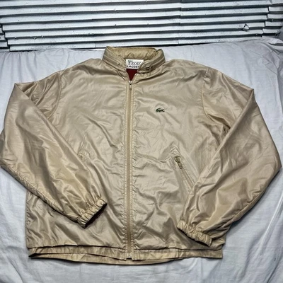 VINTAGE Izod Lacoste Jacket Mens Large Tan Nylon Windbreaker Hidden Hood 90s - Image 1 of 4
