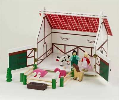 Kinder Holz Spielzeug Bauernhof Farm Set m. Puppen Tiere Stall Hof Holzspielzeug - Bild 1 von 4