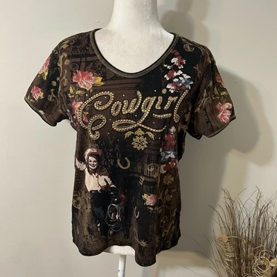 Cactus Bay Women T-shirt Top Brown Cowgirl Rhinestone Floral Western Sz L USA - Image 1 of 4