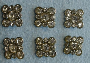 6 Vintage SILVER Metal RHINESTONE BUTTONS Square Design Bright Clear Mates EUC - Picture 1 of 5