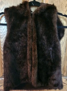 Lands' End Girls Vest Size M 10/12 Brown Faux Fur Hooded Sleeveless Eyelet Close - Picture 1 of 6