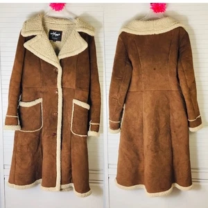 Maxima Wilsons hellbraun Lammfellbesatz echtes Wildleder Leder langer Mantel Damen L - Bild 1 von 9