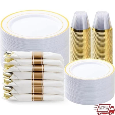 Элегантный одноразовый вечеринки тарелки комплект с золотой посуды и салфетки события новый - Изображение 1 из 4