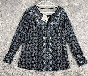 Belle Kim Gravel Langarmshirt schwarz verziert Blumenmuster Krawatte am Ausschnitt M - Bild 1 von 9