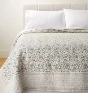 Full/Queen Decorative Border Cotton Slub Print Quilt Light Teal Green Threshold - Picture 1 of 5