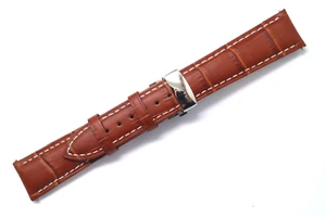 19mm Brown/White Croco Embossed Leather Watch Band Silver Tone Push Button Clasp - Picture 1 of 5
