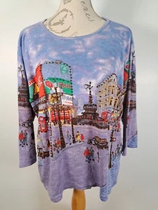 ARTSEAPEA London Graphic Tee Sequin Piccadilly Circus 3/4 Sleeve Top Large - Picture 1 of 16