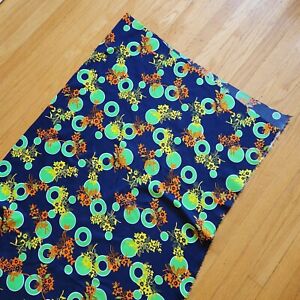 Vtg 70s Mod Floral Polyester Fabric 54" by 60" Panel Navy Blue Apple Green Geo