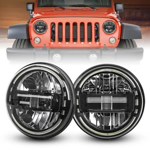 Pair 7" Round Black LED Headlights Halo Angel Eyes For Jeep Wrangler JK TJ CJ LJ - Picture 1 of 12