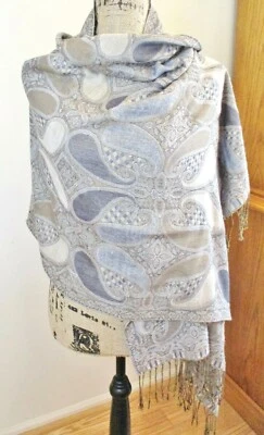 Pashmina Brand Gray & Beige Pashmina Wrap, Gray, Beige, White Paisley 84" x 28" - Image 1 of 4