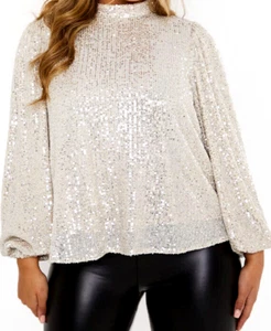 In The Style Jac Jossa Regular Fit Silver Sequin High Neck Balloon Sleeve Blouse - Picture 1 of 3