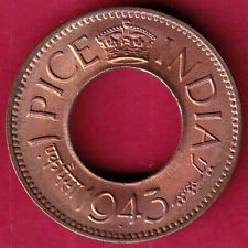 british india king george vi unc 1943 one pice beautiful copper coin #P22