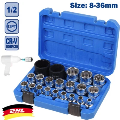 ACELECTRONIC 21tlg Steck Nüsse Set Vielzahn 8-36mm 12 Kant 1/2 Zoll XZN Außenvielzahn Nüsse