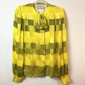 Andre’ Laug Silk Top Green Yellow Checkered Pussy Bow Vintage Women’s Sz 8 - Picture 1 of 11
