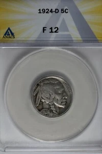 1924-D .05 ANACS F 12 Buffalo Nickel, Indian Nickel, 5 Cent Piece - Picture 1 of 2