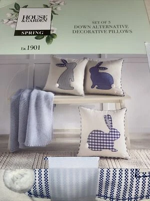 3-piece Bunny Rabbit Embroidered Gingham Stripe Blue White Throw 16” Pillows Zip - Image 1 of 4